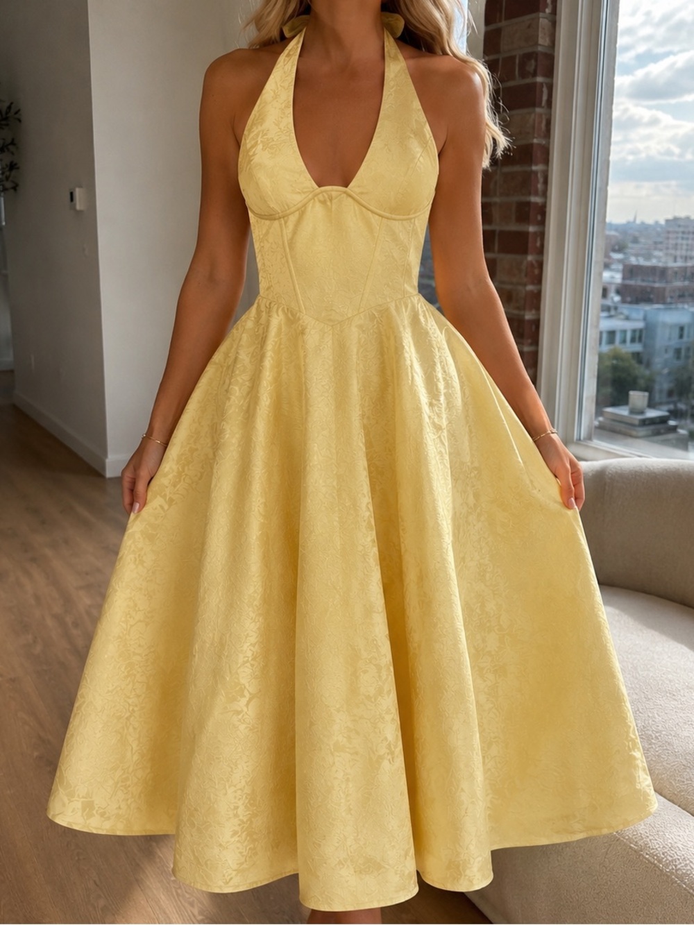BABYBOO Butter Yellow Jacquard Halter Corset Dress – Size XS